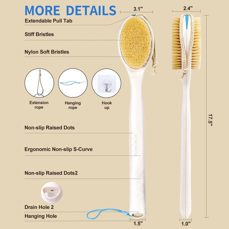 BUBBLEDANCE® Back Scrubber for Shower with Extendable Long Handle (17.5-31.9"), Dual-Sided Shower Brush with Natural Stiff & Soft Bristles, Anti-Slip Body Exfoliator for Bath & Dry Brushing