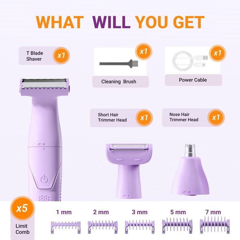 3-in-1 Bikini Trimmer for Women, Rechargeable Pubic Body Hair Trimmer Electric Shaver for Legs Body Hair, Bikini Shaver IPX6 Waterproof,USB Charge