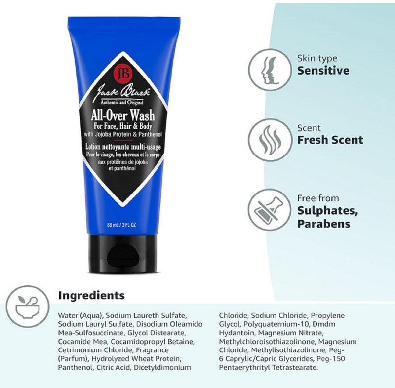 Jack Black All Over Wash Face, Body & Hair Cleanser, 33 Fl Oz – Citrus, Mint & Oakmoss – Mens Face Wash, Body Wash, Shampoo, Skin Care, Hair Care, Multi-Purpose Body Wash Men, Sulfate–Free