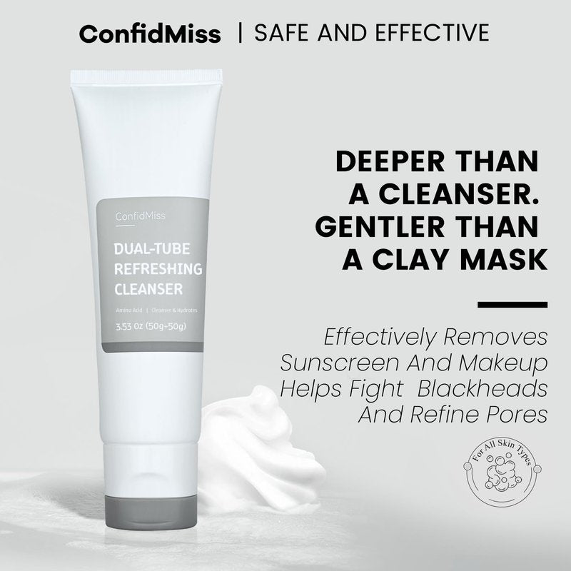 ConfidMiss Dual-Tube Refreshing Facial Cleanser, with Double Micro-Fine White Clay Centella Asiatica Pore Cleaning Blackhead Sunscreen Remover Daily Face Amino Acid Cleanser For Oily Skin 1PC