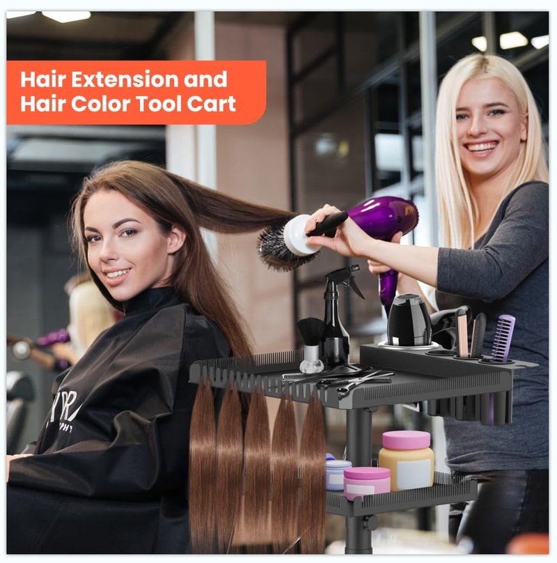 Professional Hair Extensions Organizer Cart - Metal Salon Tray with Magnetic Bowls & Hair Dryer Holder | Adjustable Rolling Base, Black