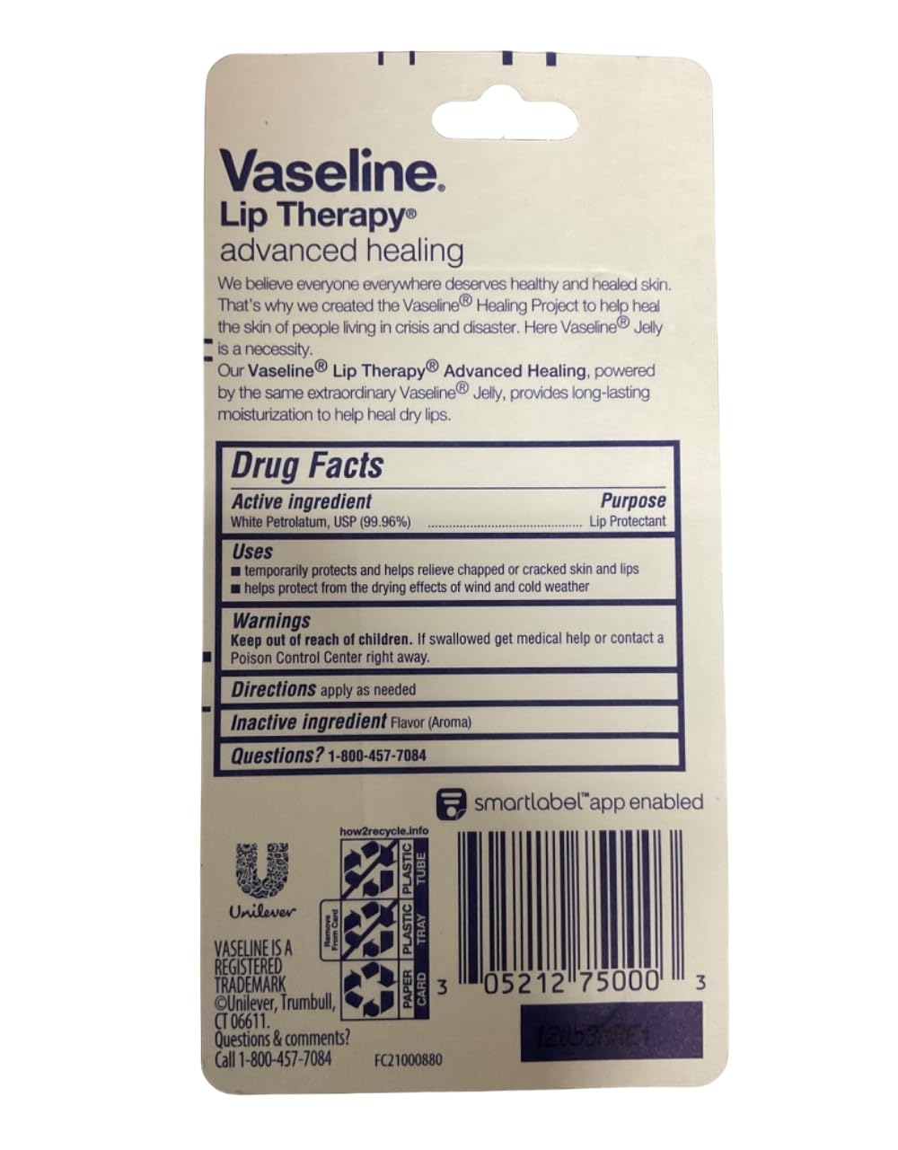Vaseline Lip Therapy Lip Balm Tube, Advanced Healing Lip Protectant, 0.35 OZ