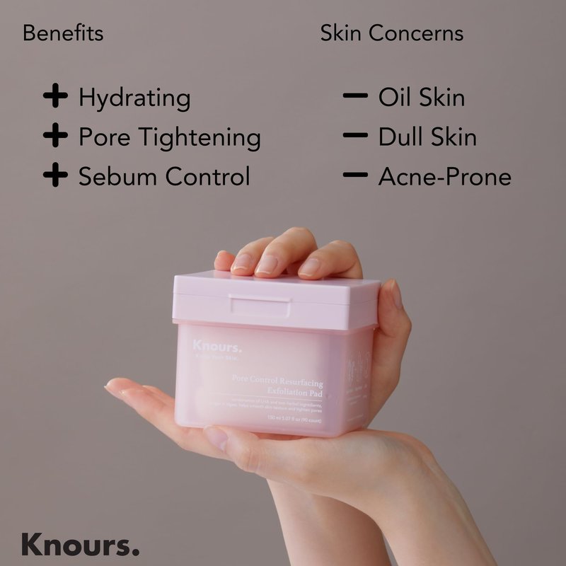Knours Pore Control Exfoliating Korean Toner Pads | LHA for Sensitive Skin | Refine Textured Skin and Blemishes, Control Sebum, Tighten Pores | 90 Count | 175ml/5.9 fl.oz