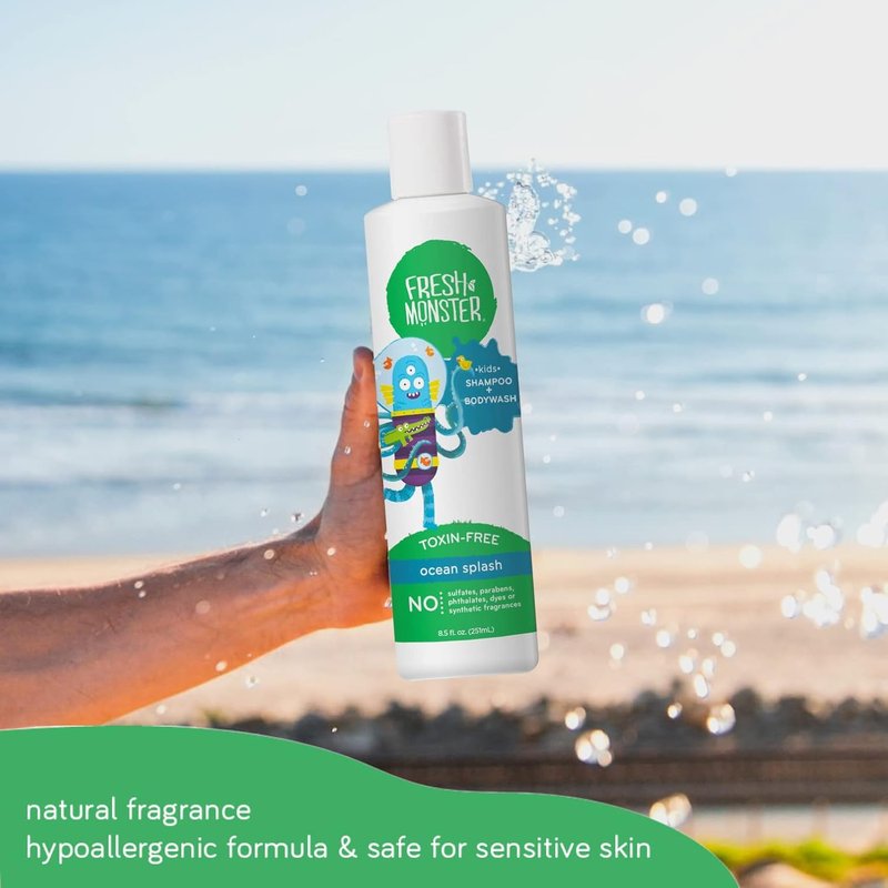 Fresh Monster 2-in-1 Natural Shampoo & Body Wash for Kids - Toxin-Free, Hypoallergenic, Ocean Splash | 2 Pack (8.5oz Each)