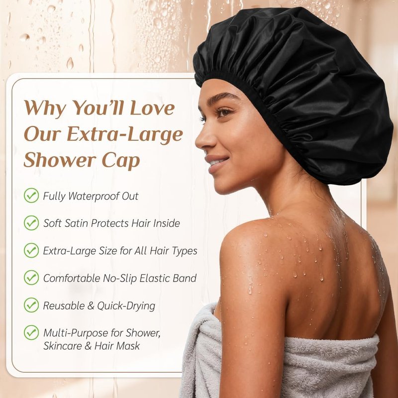 Extra Large Waterproof Shower Cap for Women, Double Layer Satin Lined Hair Bonnet for Curly Hair, Reusable Bath Cap with Elastic Edge for Long Thick Hair (Black)
