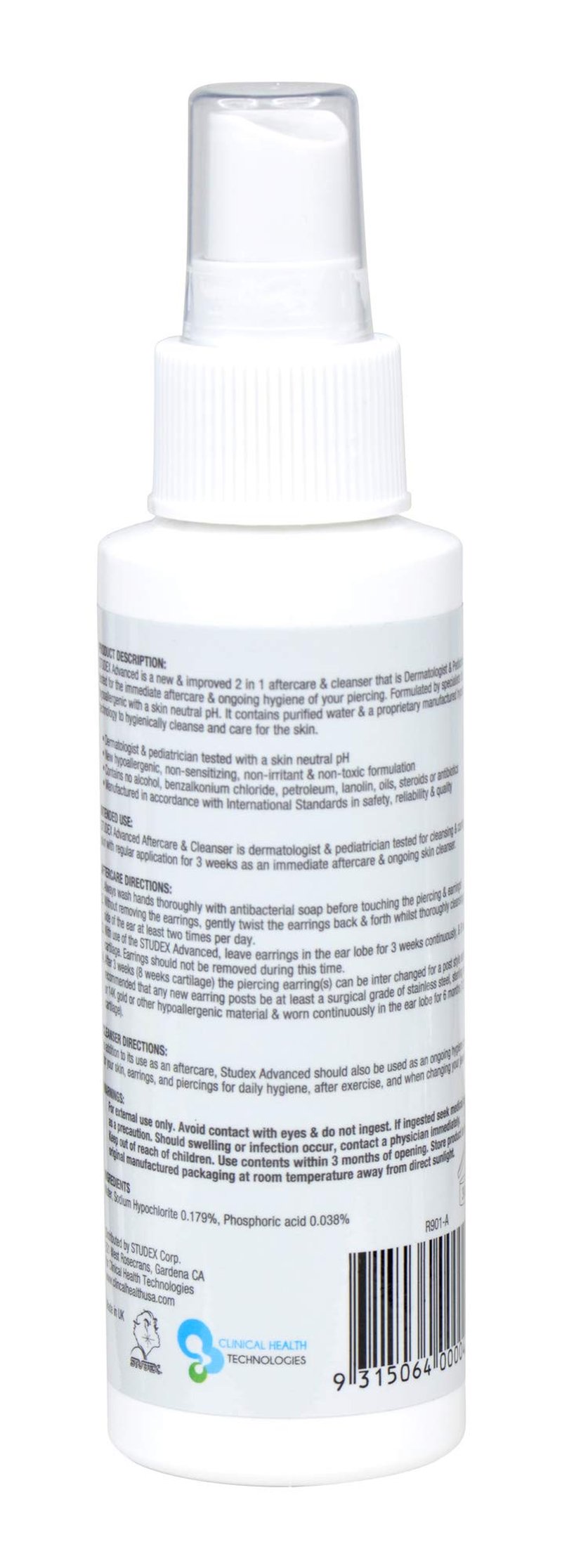 Studex Advanced 2-in-1 Piercing Aftercare & Cleanser – Hypochlorous Spray for Body and Ear Piercing, Hypoallergenic Formula for Sensitive Skin (3.4oz)