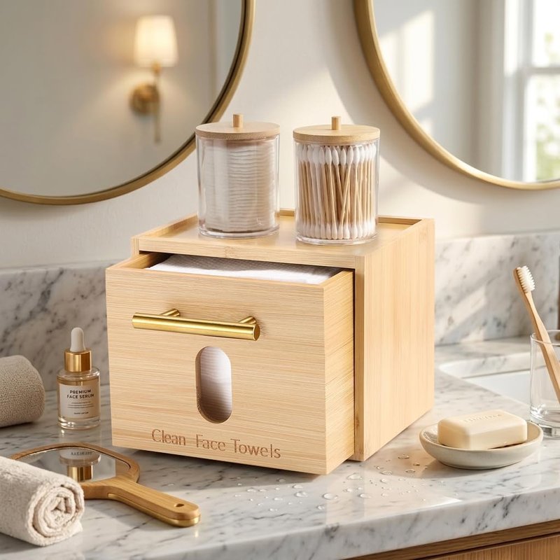 Bamboo Face Towel Holder - Wall Mounted Skincare Organizer with Cotton Swab Box | 60 Disposable Towels Included