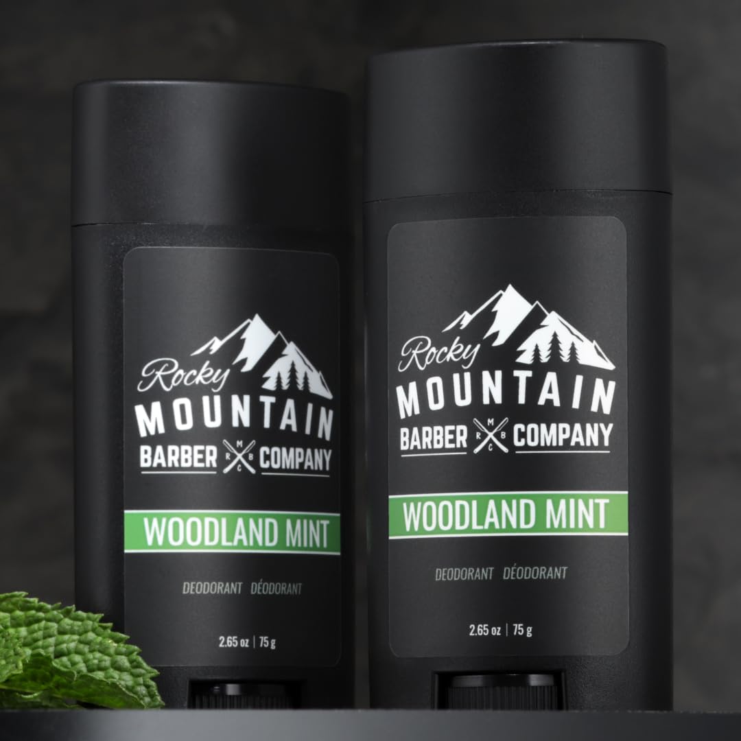 Natural Deodorant for Men – 2 Pack - Aluminum Free - Made in USA with Simple, Plant-Based Ingredients & Peppermint Essential Oil – Woodland Mint Scent – 2.65 oz each by Rocky Mountain Barber Company