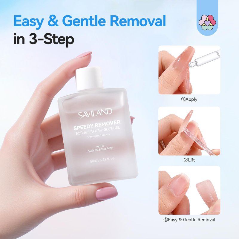 SAVILAND Nail Glue Remover for Press on Nails: 50 ML Solid Gel Glue Remover for Nail Tips, Quick Gentle Removal with Castor Oil VE, Non-Drying Odor-Free Non-Acetone Glue Remover Home Salon Starter DIY