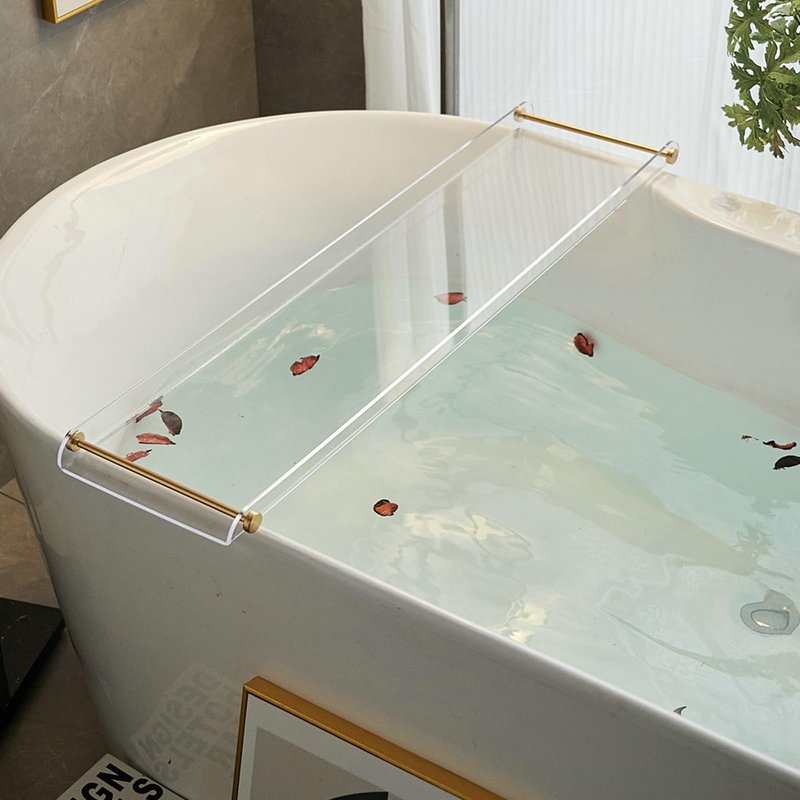Bathtub Tray Clear Caddy Rack Acrylic Tub Tray Shelf with Gold Rails 31.5 inches Bathroom Accessories Rack Suitable for All Bathtubs.