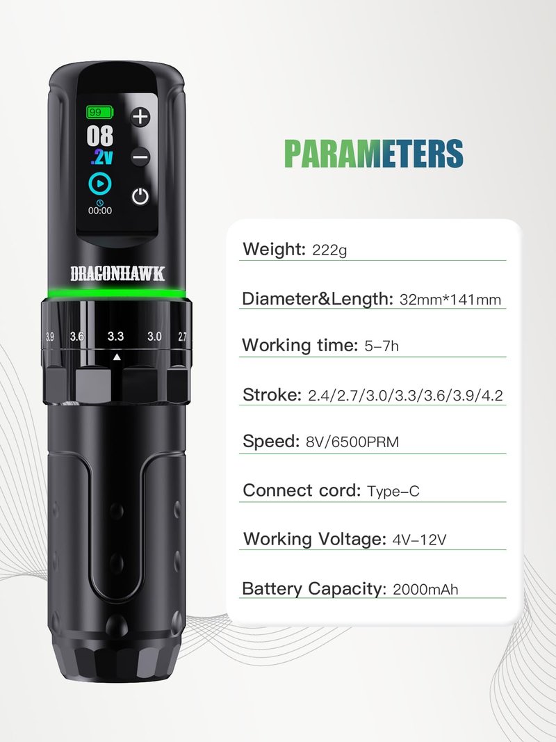 Dragonhawk L3 Wireless Tattoo Kit, Complete Tattoo Gun Kit for Beginners, Adjustable 7 Stroke Tattoo Pen Machine 2.4-4.2mm, Mcore Motor, RCA Corded Backup, Dual 2000mAh Batteries, Tattoo Supplies Set