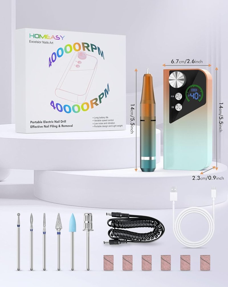 HOMEASY Nail Drill 40000RPM - Professional Rechargeable E-Filer for Acrylic & Gel Nails | Large HD LCD Screen - M96 Orange