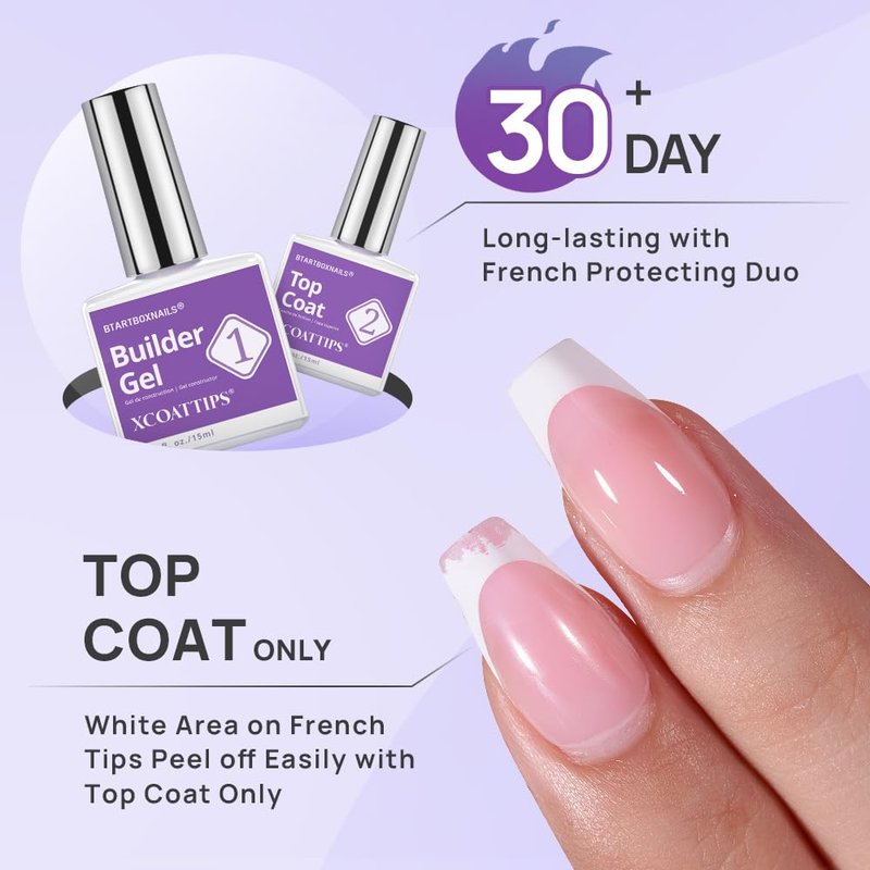 Btartboxnails Nail Tips Builder Gel Set - 15ml Long-Lasting Gel for French Tip Nails | Includes Top Coat & Glue