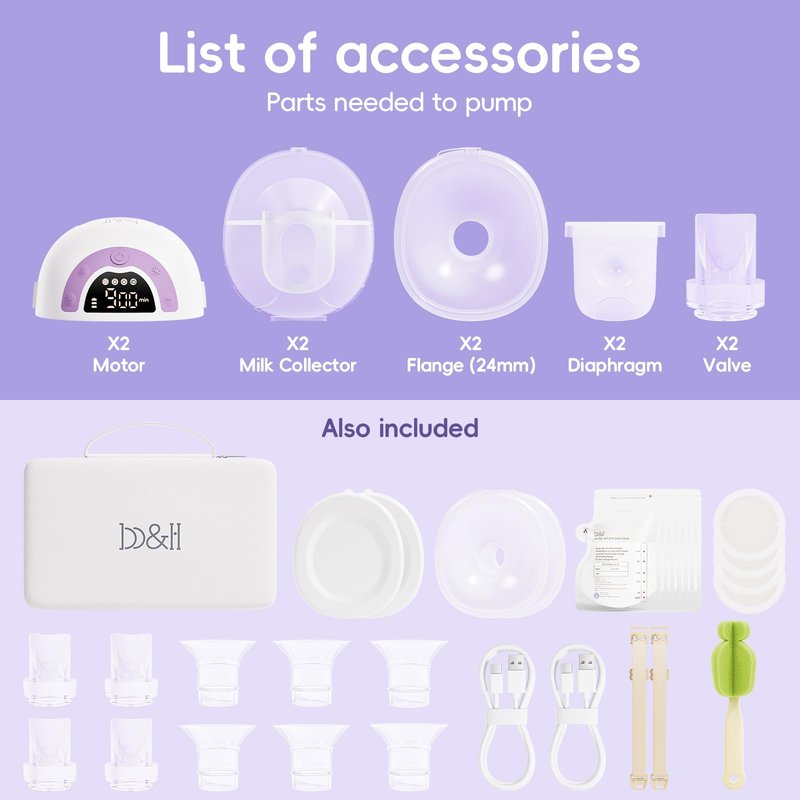 b&h Breast Pump Hands Free with Night Light, S33 Portable Electric Wearable Breastfeeding Pump, 4 Modes & 9 Levels, 27/24/21/19/17mm Flange, Baby Mouth Double-Sealed Flange, Milk Pump for Moms -Purple