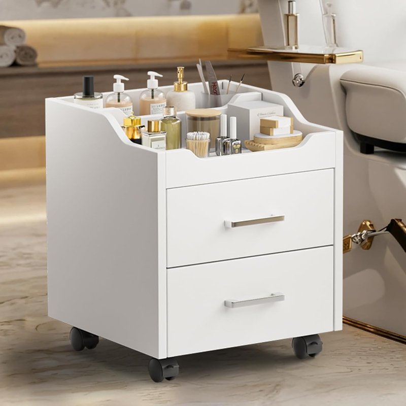 OmySalon Pedicure Cart - Portable Foot Bath Trolley with 2 Storage Drawers | Nail Esthetician Spa Supplies in Upgrade White