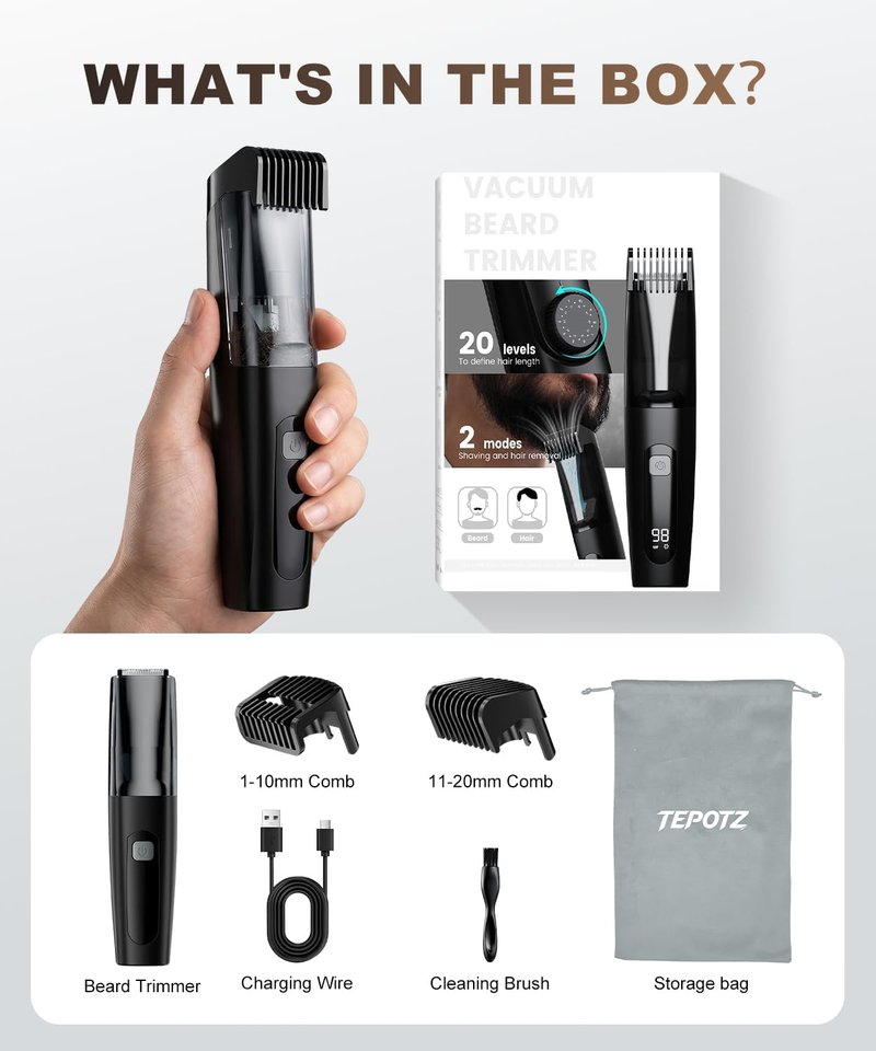 Skiennix Vacuum Beard Trimmer - No Mess Trimming with 40 Lengths, Waterproof, LED Display, USB-C Grooming Kit