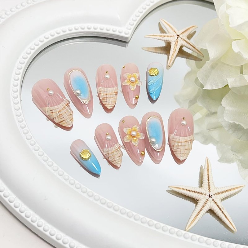 Press-On Nails - Summer Beach Almond French Tips with 3D Flower & Gold Shell Design | Blue Gradient Full Cover Acrylic, 24 Pcs