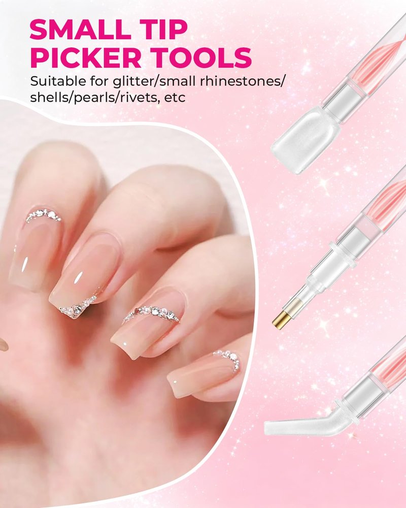 Rhinestone Picker Tool Kit - Dual-Ended Applicator & 12 Tips | Nail Art Craft Tools (Pink)