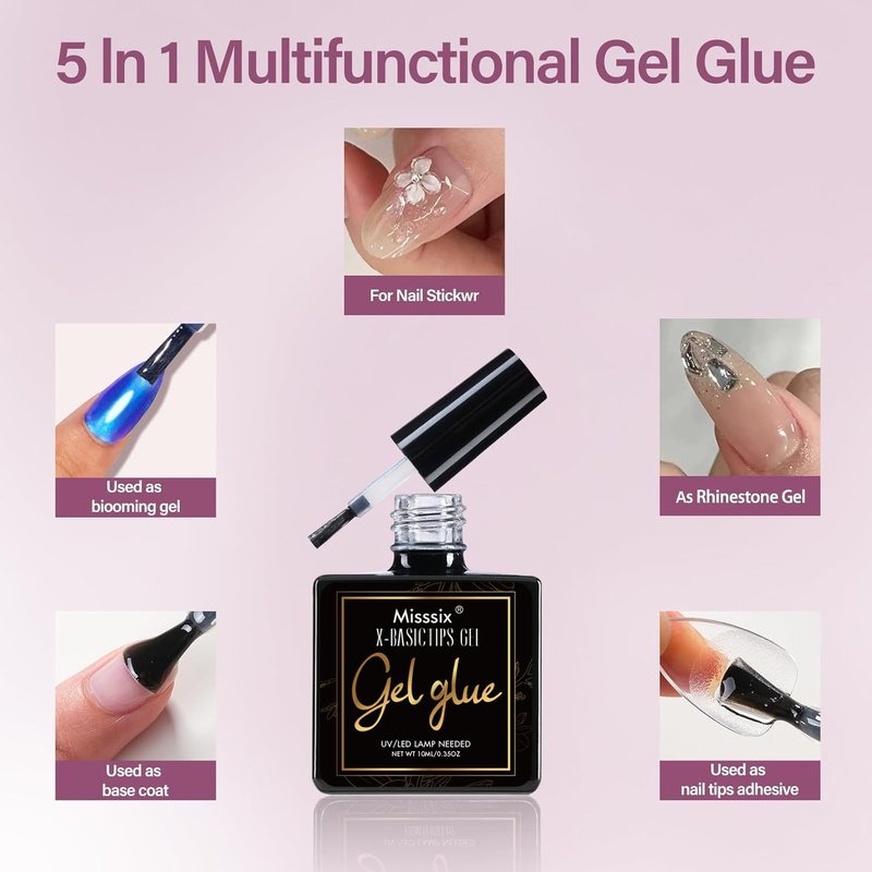 Misssix Extra Short Almond Gel Nail Tips Kit, 216Pcs Pre Etched Clear Fake Nails, Full Cover False Nail 9-in-1 Gel Glue and Portable Mini U V Nail Lamp for Women 12 Sizes