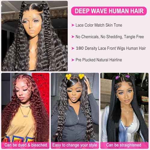 13X6 Deep Wave Wigs Human Hair Lace Front Wigs for Women 180% Density Deep Curly Human Hair Wig Pre Plcked Deep Wave Frontal Wig with Baby Hair (16 Inch)
