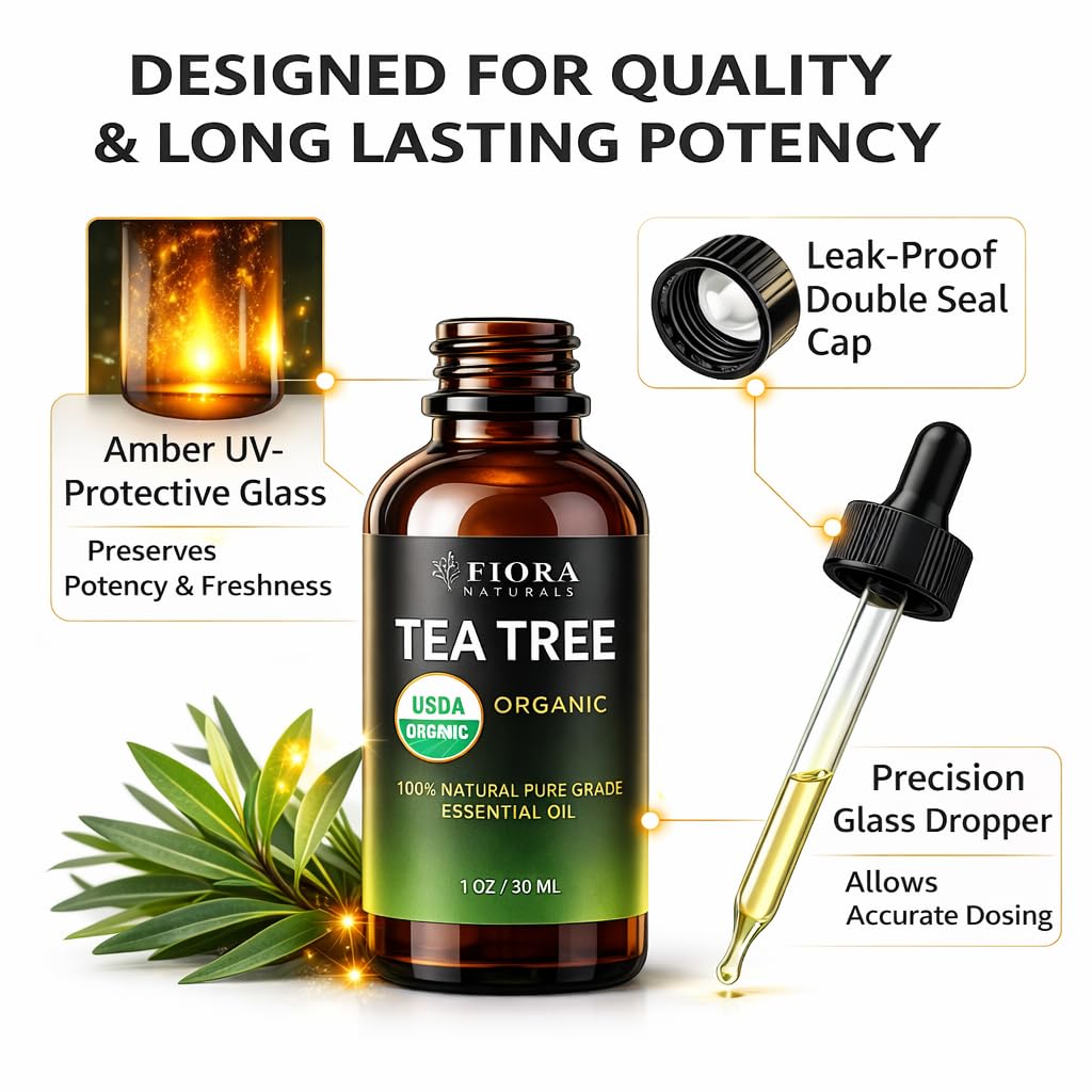 Tea Tree Oil – 100% Pure Organic Tea Tree Essential Oil for Skin, Face, Hair, Scalp, Nails, and Toenail – Therapeutic Grade Tree Tea Oil for Acne & Hair Growth – 1 fl oz - By Fiora Naturals