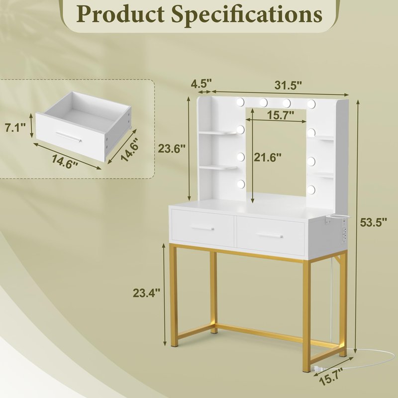Acurax Vanity Desk with Mirror and Lights, Makeup Vanity Table with 6 Storage Shelves & 2 Drawers, 3 Color Modes, Charging Station, White & Golden