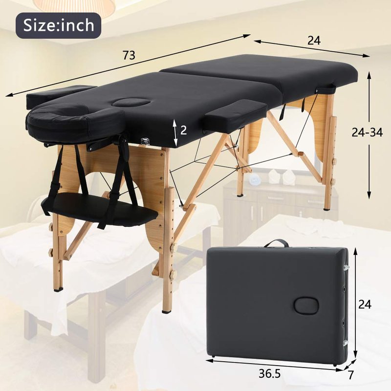 Dkeli Portable Massage Table Spa Bed Folding 84 Inch Height Adjustable 2 Fold Massage Bed with Carry Case PU Leather Professional Facial Salon Tattoo Bed with Face Cradle, Hold Up to 450Lbs, Black