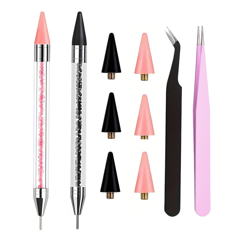 2PCS Rhinestone Picker Tool Dotting Pen - Rhinestone Picker Tool Set with 6 Wax Tips and 2 Tweezers, Gem Picker Pen Diamond Jewel Applicator, Rhinestone Tools Kit for Bedazzling DIY Nail Art