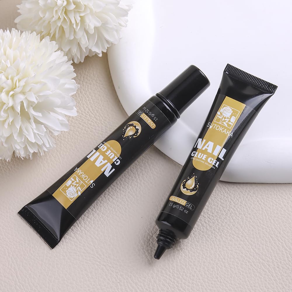SUTOKAKA Gel Nail Glue for Nails Tips, 2pcs 15g Super Strong Solid Gel Soak Off for Acrylic Extensions Fake Nails Press On Nails U V Lamp Curing Needed Long Lasting Gel Glue Kit