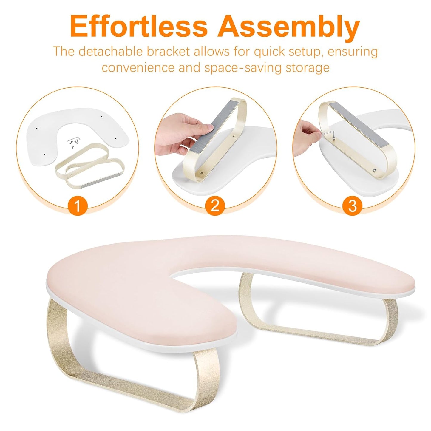 U-Shaped Nail Arm Rest Stand - Upgraded 10° Incline, Pink with Gold Aluminum Alloy Holder | Non-Slip Manicure Support