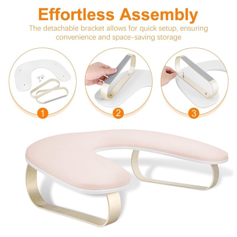 U-Shaped Nail Arm Rest Stand - Upgraded 10° Incline, Pink with Gold Aluminum Alloy Holder | Non-Slip Manicure Support