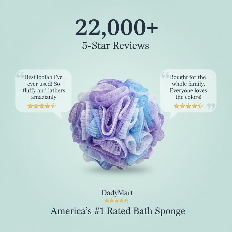 DadyMart Shower Loofah Sponge Pouf – XL Exfoliating Bath Puff Body Scrubber, Soft Mesh Shower Sponge with Reinforced Knot, Rich Lather, Set of 4 for Women and Men