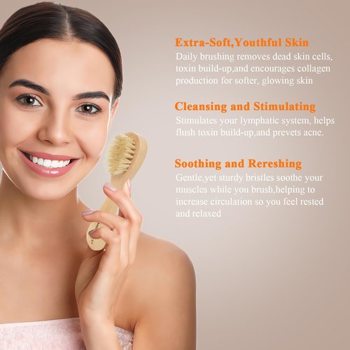 Natural Dry Brushing Set - 5 Packs with Wood Long Handle & 3 Detachable Heads for Lymphatic Drainage & Cellulite Exfoliation