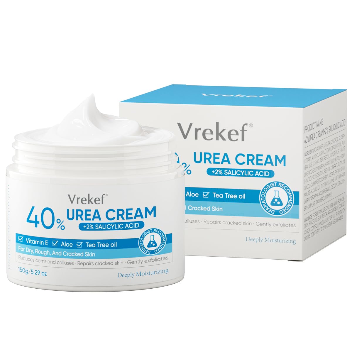 VREKEF Urea Cream 40% Plus Salicylic Acid 2%, Urea Cream 40 Percent for Feet Maximum Strength, Foot Cream for Dry Heels Cracked