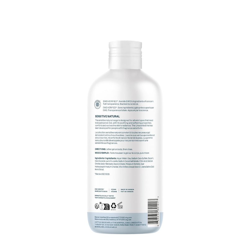 ATTITUDE Body Wash - Gentle Formula for Sensitive Skin | EWG Verified, Vegan, Unscented, 16 Fl Oz