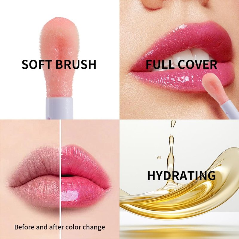 VaaKav Color Changing Lip Gloss for Women - Hydrating Lip Oil Tinted, Long Lasting Lipgloss Plumper, PH Reactive Butter Gloss, Clear Lip Plumping Gloss Makeup(02 PURPLE PEACH)
