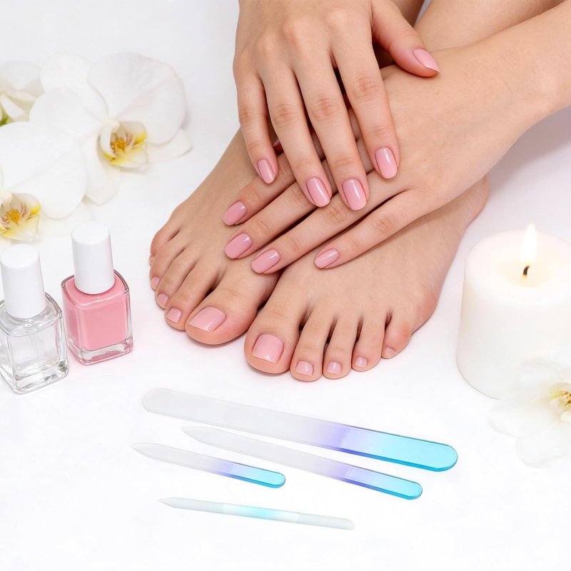 Glass Nail File Set - 4 Pcs Double-Sided Crystal Buffers & Cuticle Pushers | Gradient Blue Manicure Tools