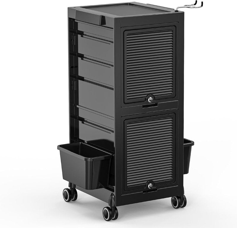OmySalon Salon Trolley Cart, Hair Stylist Station with 2 Lockable Doors, Rolling Hair Cart Organizer with Drawers & Bucket & Dryer Holder, Barber Shop Hairdressing Beauty Tattoo Versatile Equipment