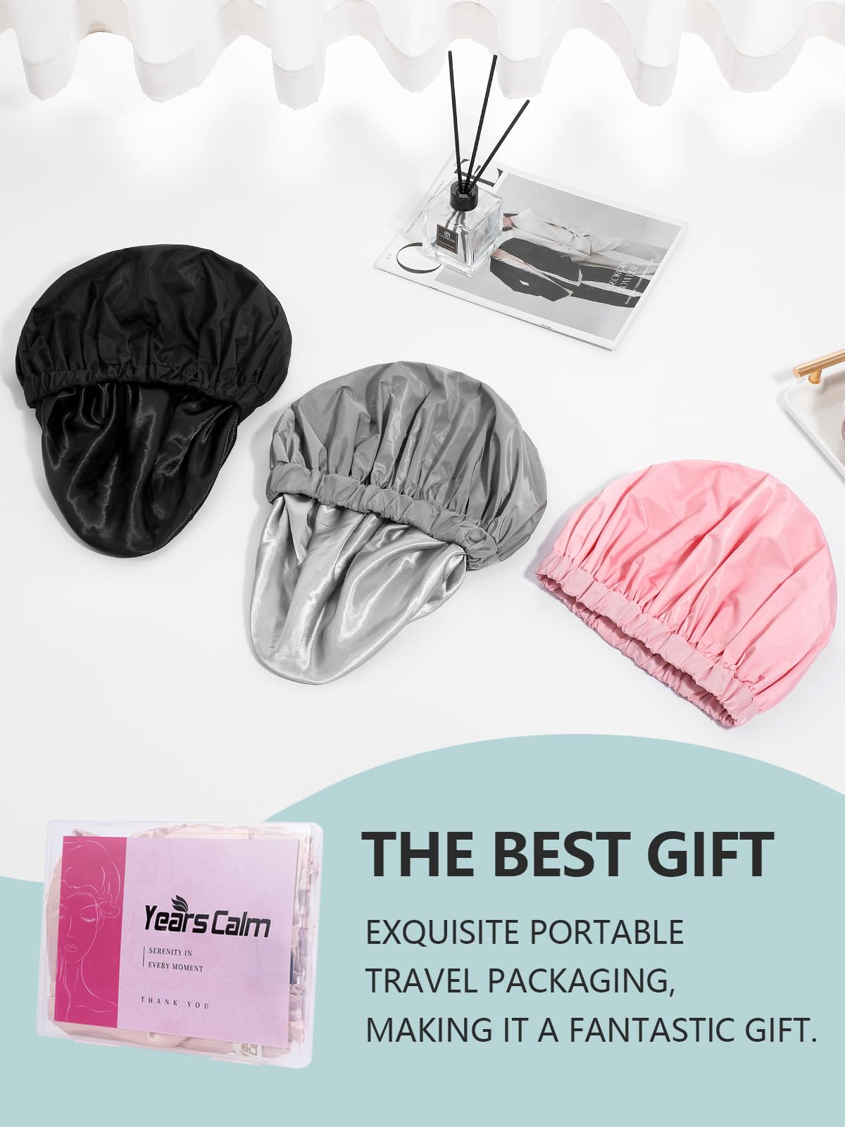 Years calm Reusable Waterproof Shower Caps for Women, Hair Caps for Showers, Double-Layer Elastic Design, for All Hairstyles, Travel-Friendly (black)