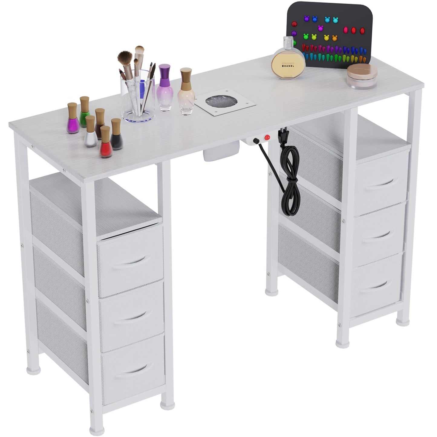 WODRAWER Manicure Table Nail Desk for Nail Tech, Nail Beauty Table w/Electric Dust Collector & 6 Storage Drawers & Open Shelves for Home, Workshop, Makeup Beauty Salon Workstation (White)