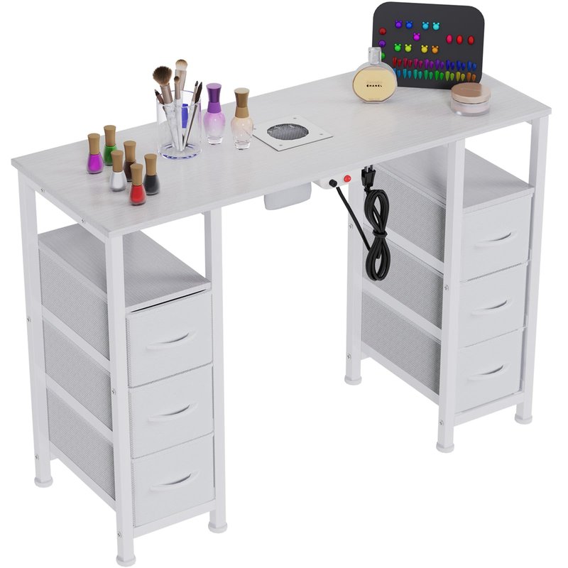 WODRAWER Manicure Table Nail Desk for Nail Tech, Nail Beauty Table w/Electric Dust Collector & 6 Storage Drawers & Open Shelves for Home, Workshop, Makeup Beauty Salon Workstation (White)