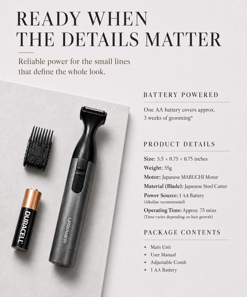 URBANER Mustache Trimmer – 0.8" Wide Blade, Waterproof & Adjustable, 0.08”-0.55” Precision Settings, Lightweight Grooming Clipper with Japanese Steel Blade for Travel Use (Black and Gray)