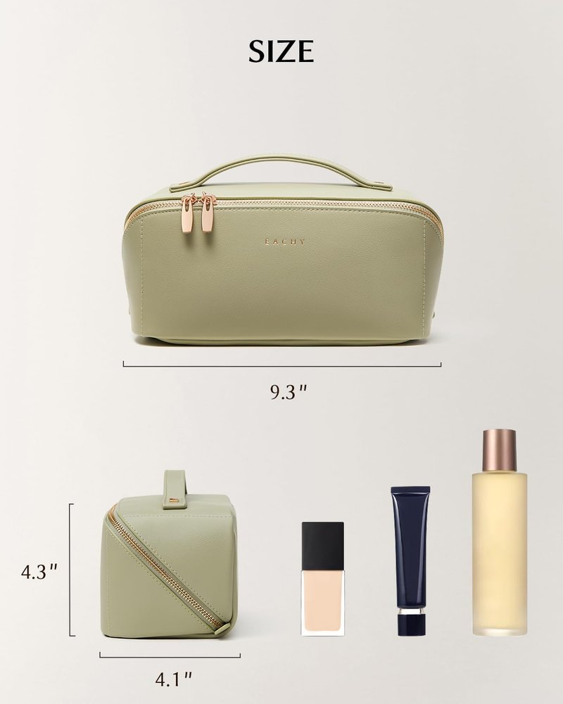 EACHY Travel Makeup Bag, 2.0 Cosmetic Bag for Women, Waterproof PU Leather,Flat Open Portable Toiletry Bag for Skincare, Brushes & Travel Essentials