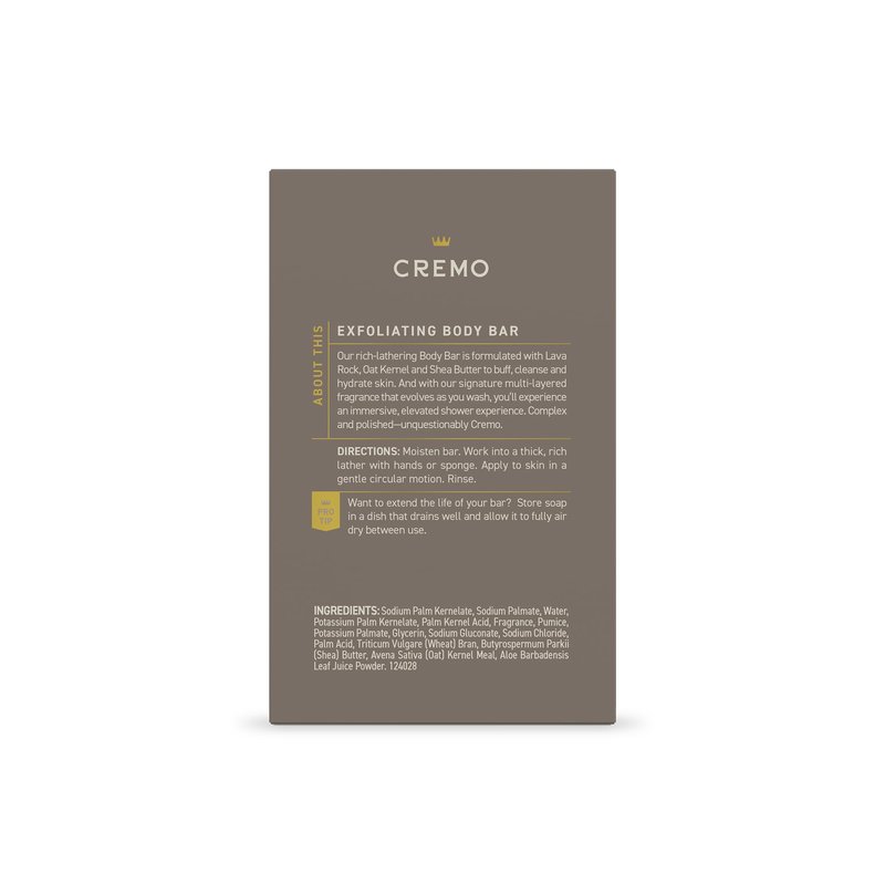 Cremo Exfoliating Body Bar for Men, Vintage Suede Scent, Multi-Layered Fragrance That Buffs, Cleanses and Hydrates Skin, 5oz