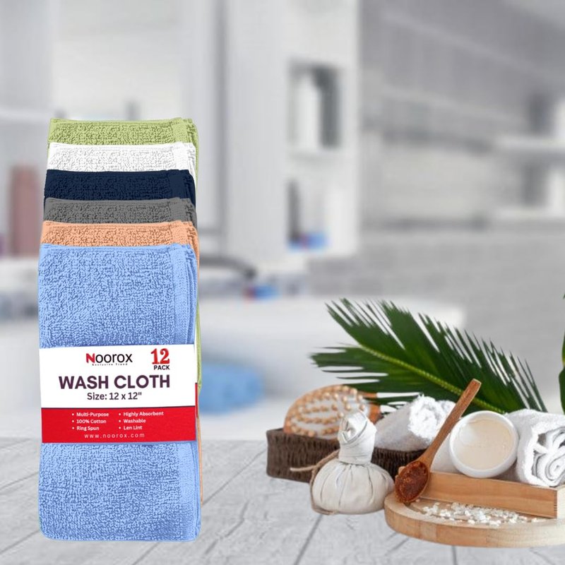 Noorox Washcloth Set – 12x12 Inch – Pack of 12 – Soft, Absorbent, Quick-Dry Cotton Towels for Bathroom, Spa & Kitchen