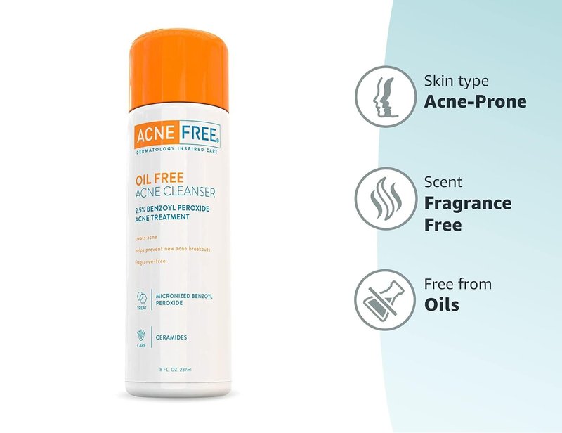 AcneFree Oil-Free Cleanser - Benzoyl Peroxide 2.5% & Glycolic Acid for Breakouts | 8 Fl Oz