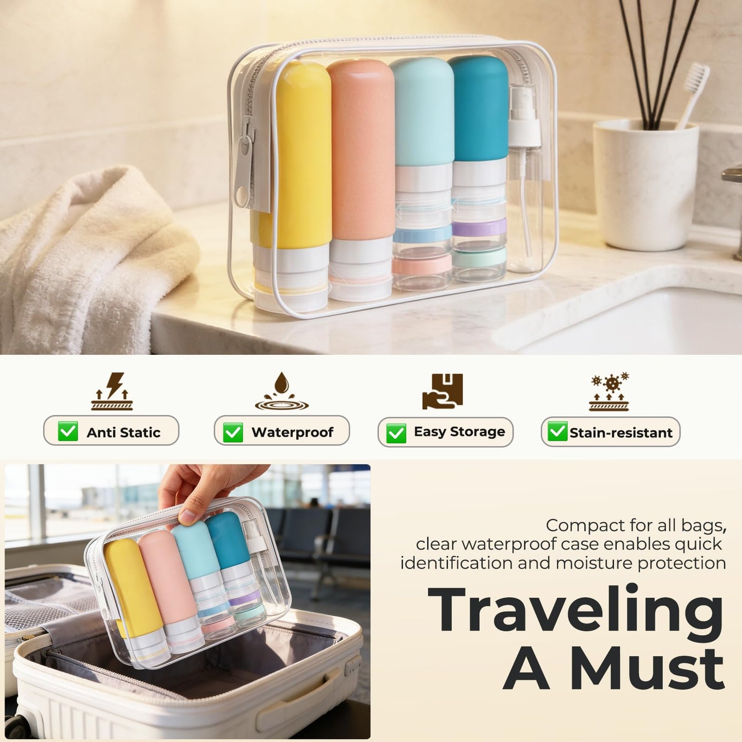 Tonater 17 Pack Travel Bottles for Toiletries, TSA Approved Leak Proof Silicone Travel Containers for Toiletries with Label-Dopamine Color