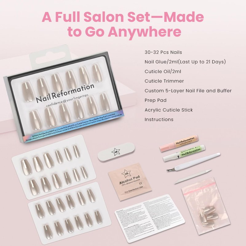 Nail Reformation Press On Nails, Glazed Over | Metallic Shimmer Short Coffin Fake Nails with Glossy Finish, Reusable Natural Stick On Nails Kit - 30 Pcs in 15 Sizes with Glue, Manicure Gifts for Women