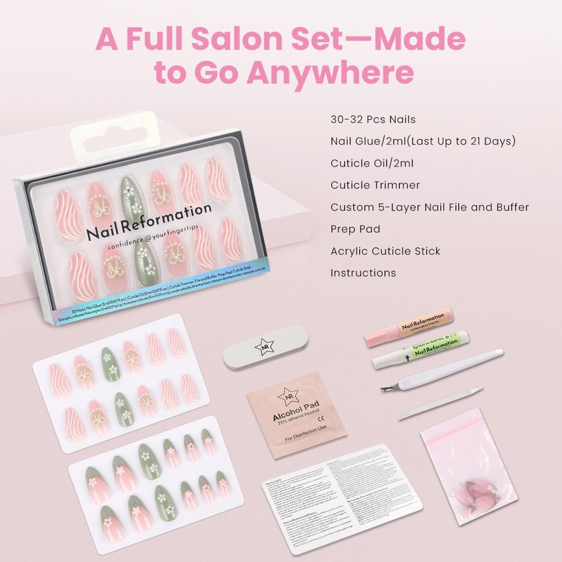 Nail Reformation Press On Nails, Garden of Pearls | Floral French Short Almond Fake Nails on Pink Green Shimmer Base in Glossy Finish, Reusable Stick On Nails in 15 Sizes - 30 Nail Kit for Women Gifts