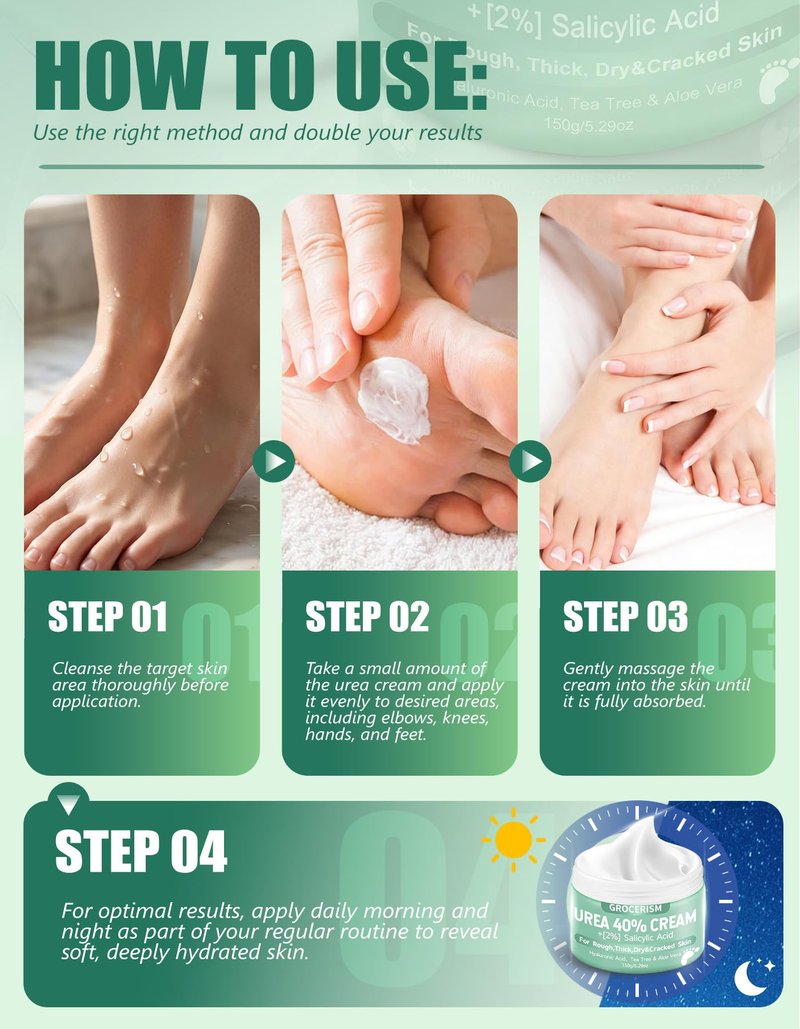 Grocerism Urea Cream 40 Percent For Feet Plus 2% Salicylic Acid 5.29 oz || Foot Cream and Hand Cream Maximum Strength with Hyaluronic Acid,Tea Tree,and Aloe Vera For Deep Moisturizes,Callus Remover
